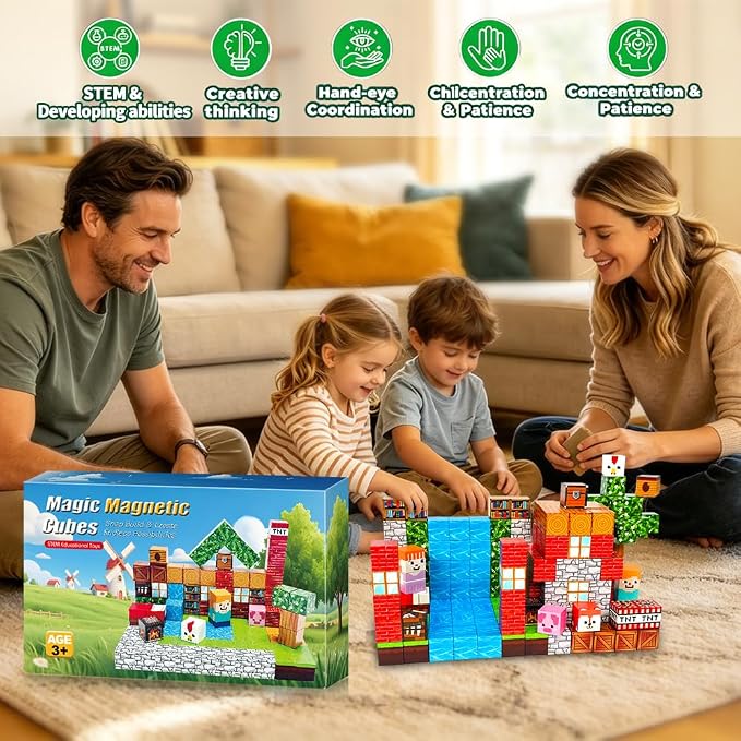 Forest Life Magnetic Blocks 150PCS - Pixel Village Themed Magnetic Cubes Set for Kids Ages 3+, STEM 3D Magnet Tiles Educational Construction Toys Sensory Montessori Stacking Blocks Gifts Girls Boys