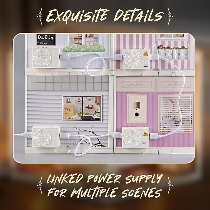 DIY Miniature Bathroom Kit with 101Pcs, 1:24 Scale Dollhouse Furniture with LED Light, Realistic Accessories & Connectable Base for Adults & Kids 8+