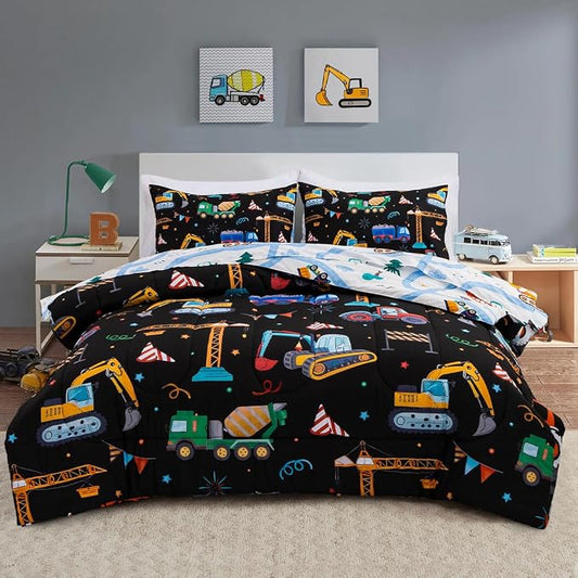 Holawakaka Trucks Tractors Cars Boy Bedding Comforter Set with Sheets, Twin Size Cartoon Construction Car Excavator Print Kids Bed in A Bag 5-Piece, Boys Reversible Dorm Bed Sets (Black Twin)