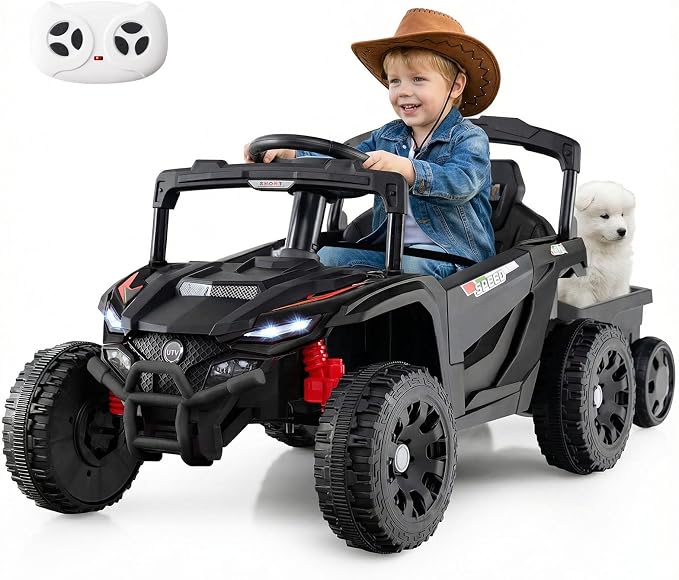 Costzon Kids Ride On UTV Car with Detachable Trailer, 12V Battery Powered Electric Vehicle with Remote Control, 3 Speeds, LED Lights, Music, Horn, Off-Road UTV for Boys & Girls (with Trailer,Black)