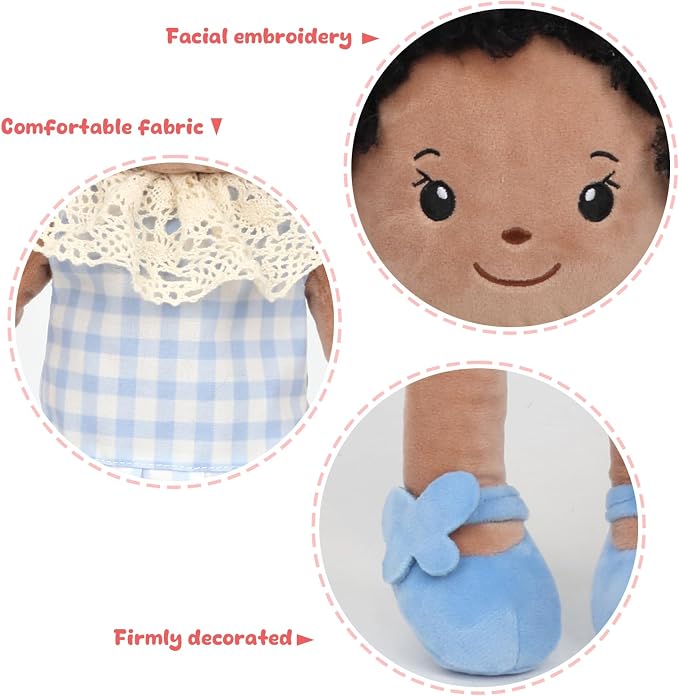Soft Baby Doll Toys 16inch, Baby Rag Doll for One Year Old Girl Birthday Gift,Plush Toys for Toddler Kids Infants (Black)