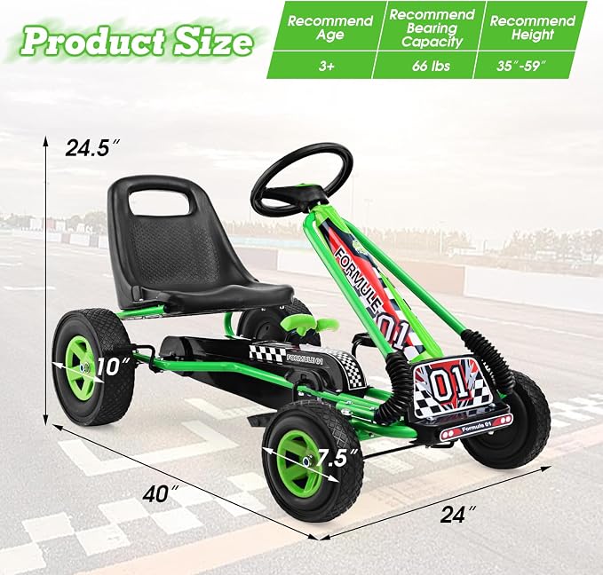 Costzon Go Kart for Kids, 4 Wheel Off-Road Pedal Go Cart w/Adjustable Seat, 2 Safety Brakes, EVA Rubber Tires, Ride-On Toys for Boys Girls, Outdoor Racer Pedal Car (Green, 40" L x 24''W x 24.5''H)