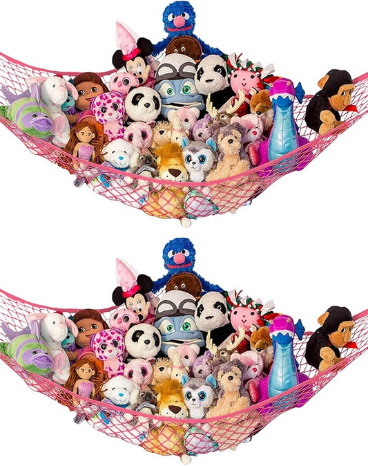 Stuffed Animal Hammock 2 Pack | Corner Stuffed Animal Storage & Plushie Net | Toy Hammock for Stuffed Animals | Holds 12lbs | Easy Hang, All Hardware Included | Coral Bedroom Decor | by Lilly's Love