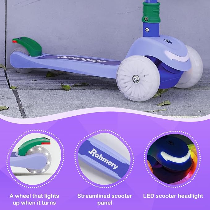 Rahmory Kids Scooter for Boys Girls Ages 3-8, 3 Wheel Light Up Toddler Kick Scooter with 20 Dynamic LED Modes, Foldable Adjustable Height, Extra Wide Deck, Lean to Steer Outdoor Toy Gift