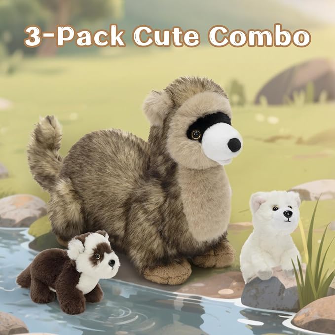3Pcs Ferret Plush Toy with Babies, Mother Ferret Stuffed Animal with 2 Cute Stuffed Baby Ferrets, 18" Snuggly Forest Animal Plushies for Kids, Christmas Birthday Gift