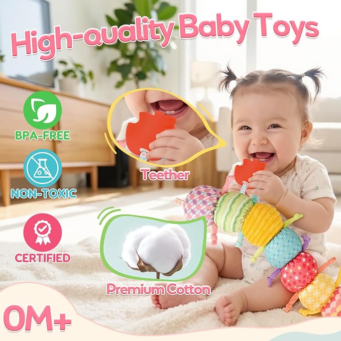 Baby Girl Toys 0-6 Months Musical Stuffed Caterpillar Pink Toys for Infant 0-3 3-6 Month Tummy Time Sensory Newborn Toys with Mirror Crinkle Rattle for 2 3 4 5 6-12 Month Old Babies Girl Shower Gifts