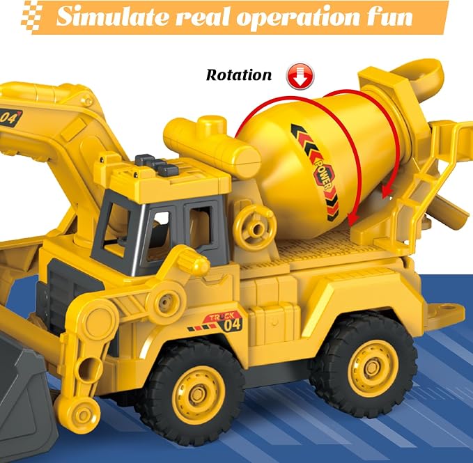 3-in-1 Construction Truck Toy, Excavator & Bulldozer & Cement Mixer, Working Digger Arm, Front Push Blade & Rotating Mixing Drum, Inertia-Powered Push-and-Go, Sandbox Vehicle for Boys Girls Age 3+