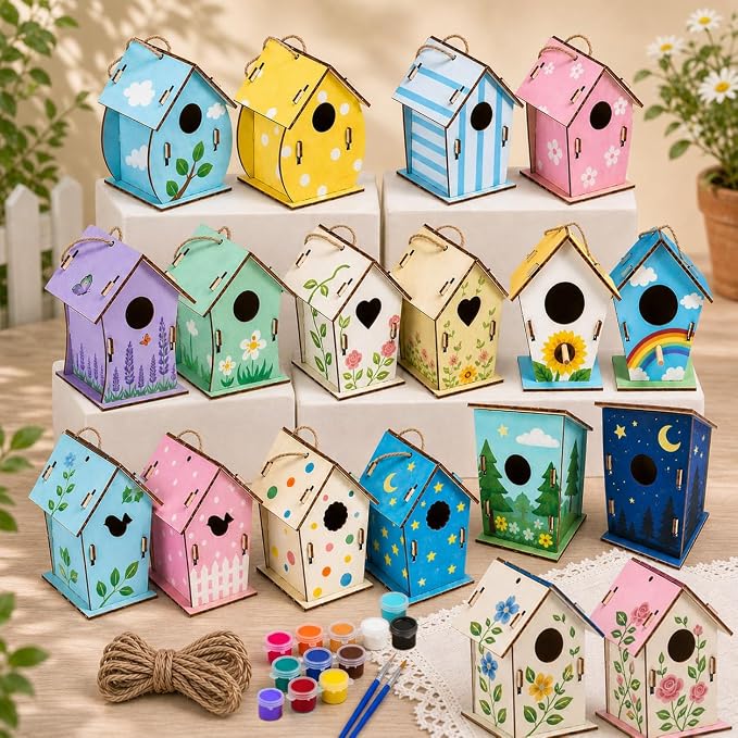 Bird House Kit, Wooden Bird Houses Craft Kits for Kids, 18 PCS DIY Painting Set with Paint Brushes Rope, Arts and Crafts for Kids Ages 6-12