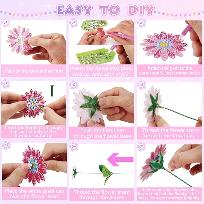 Crafts for Girls 8-12 - Make Your Own GEM Art Flower Bouquet - Arts and Crafts for Kids Ages 8-12 - Diamond Art Kits for Kids - 5D Dimond Art Paintings - DIY Art & Craft Gifts for 4 5 6 7 10 Year Old