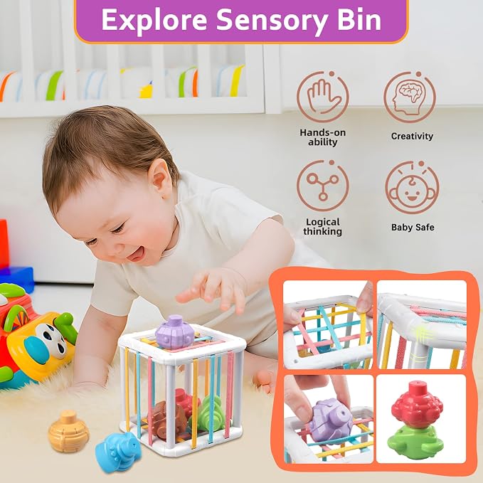 Plunack 6 in 1 Montessori Baby Toys for 6-12 Months — Stacking Blocks & Rings, Pull String, Suction Cup Spinner, Matching Eggs Shape Sorter & Sensory Bin, Infant Developmental Gift Set
