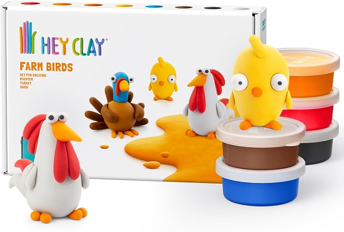 HEY CLAY Colorful Modeling Air Dry Clay for Kids 6 cans with Fun Interactive Instructions App - Kids Activities Age 3+ (Farm Birds: Chick, Turkey, Rooster)