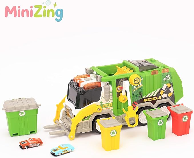 Truck Toy Set for Boys Girls Kids Toddler Gift of Easter Basket Stuffers | 4 bins, 2 launch cars, side clamp, top disposal. Friction power. Indoor/outdoor. Sparks exploration & new play ideas