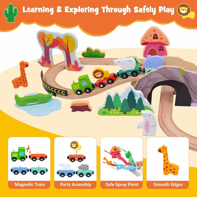SIMPLIPLAY 45PCS Jungle Wooden Train Set with Safari Figures, Crash Barrier | Montessori Train Tracks for Toddlers 3-5 with Bridge & Wooden Safari Animal Toys, Gifts for 3 4 5 Years Old Girls & Boys
