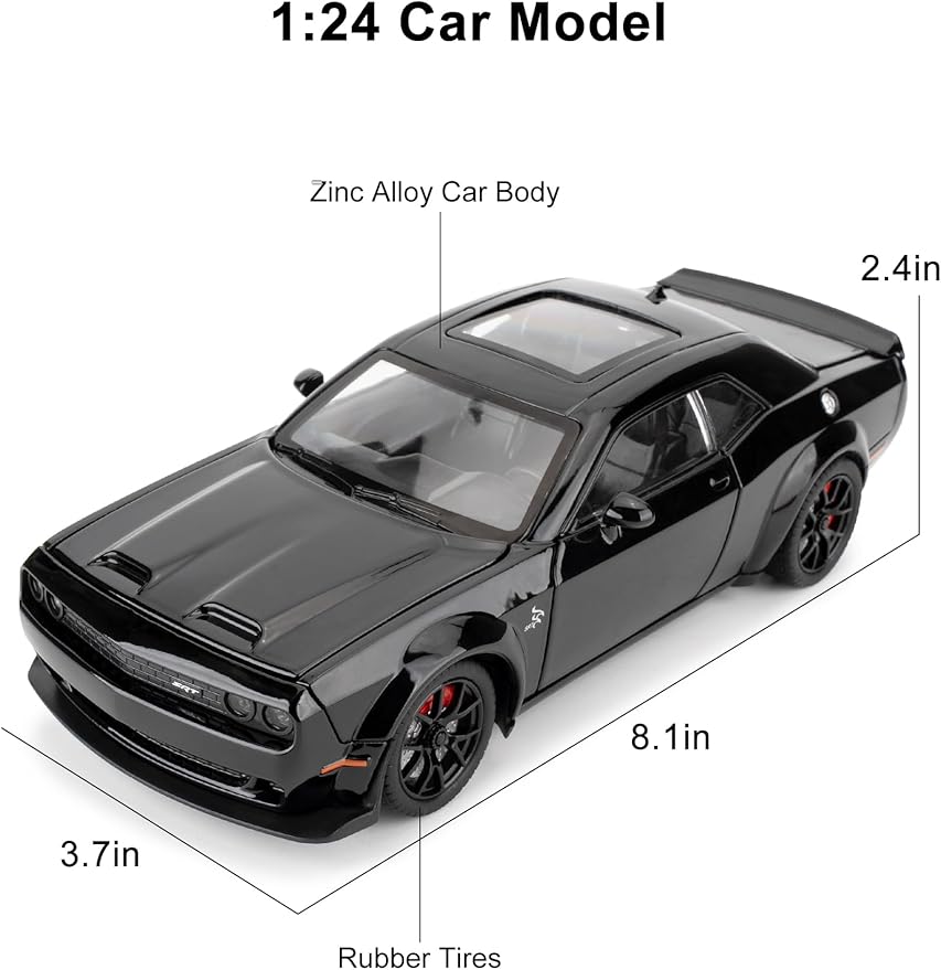 Compatible for 1/24 Dodge Challenger SRT Hellcat Car Model, Collectible Die-Cast Model Car with Lights and Sounds,Pull Back Car Toy for Adults Kids Birthday Gifts Decoration (Black)