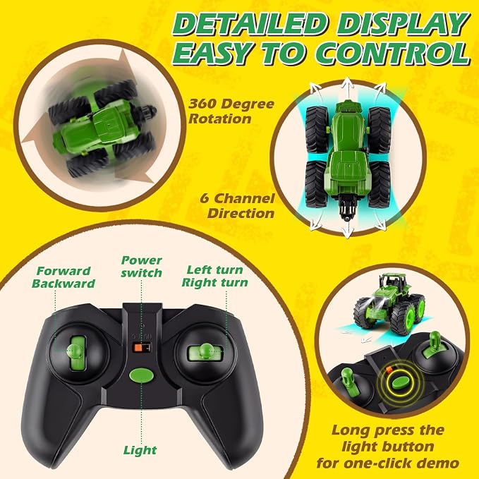 IJIGU Remote Control Tractor Toys, Light Up Farm Monster Trucks Toy for Boys 3, 4, 5, 6, 7 Year Old, 2.4 Ghz RC Tractor Toys, Ideal Christmas, Birthday Gifts for Kids