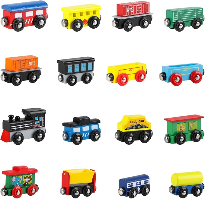 Wondertoys Wooden Train Set 16 PCS Train Toys Magnetic Set Includes Storage Bag - Wooden Track Accessories - Wooden Magnetic Car Set for Toddlers Kids Boys and Girls