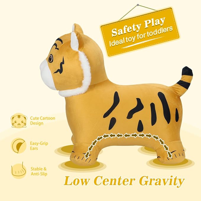INPANY Tiger Bouncy Hopper Toys for 2 Year Old Boy, Toddlers Plush Inflatable Animal Hopping Horse, Bouncing Buddies, Ride on Rubber Bouncer, Outdoor Indoor Birthday Gifts Toy for 3 4 Yr Girl, Orange