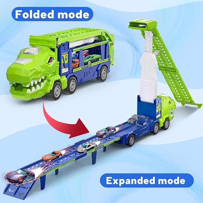 BainGesk Dinosaur Truck Car Toys for 3, 4, 5, 6 Years Old Boys Girls, 3 in 1 Carrier Truck with 2 Foldable Race Tracks, Transport Car with 6 Metal Cars, Birthday Toys Gifts for Toddlers