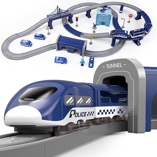 Wdmiya Train Set for Toddlers, 92 Pcs Train Toys for Kids Ages 3-8, Electric Trains Sets with Tracks (Magnetic Connection), Battery Operated Trains Birthday Gift for 3 4 5 6 7 8 (Police 92 Pcs)