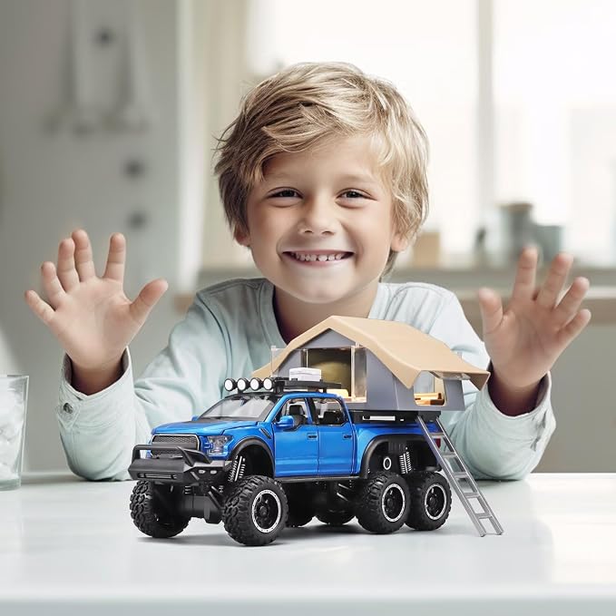 OANMYJJO Toy Trucks for Boys Age 4-7,Trucks for Kids F150 Diecast Truck,Model F150 Pickup Truck with Sightseeing Cabin,Pull Back Cars with Light and Sound,Trucks for Kids Ages 4-8（Blue）