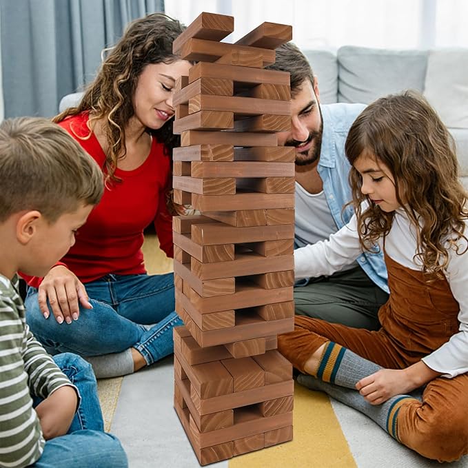 Juegoal 54 Piece Giant Tumble Tower Brown for Adult Kids Family, Wooden Block Stacking Game with Gameboard & Canvas Bag, Outdoor Games for Backyard Lawn Party Playing, 6.9 x 6.9 x 24 Inches,X-Large