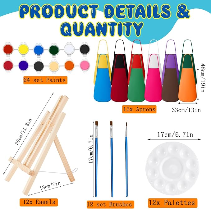 Ireer 84 Pcs 12 Sets Paint Party Kits Animal Pre Drawn Canvas, Wooden Easel, Paintbrushes, Palette, Acrylic Paints and Aprons, Pre Drawn Canvas to Paint for DIY Birthday Party Gift(8 x 10 Inches)