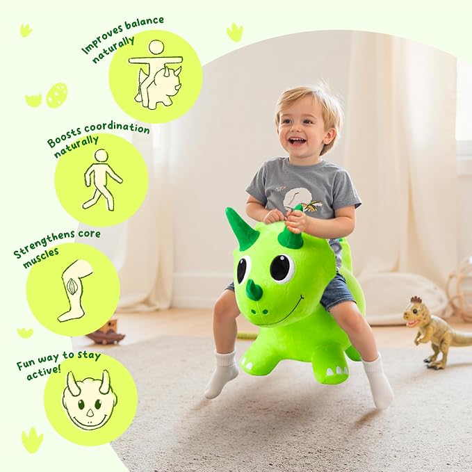 ZOOJOY Plush Bouncy Dinosaur Hopper for Toddlers Soft Covered Inflatable Ride-On Animal Horse Hopper, Dino Bouncy with Pump, Indoor Outdoor Ride On Toys for 18 Months 2 3 4 5 6 Years Boys Girls
