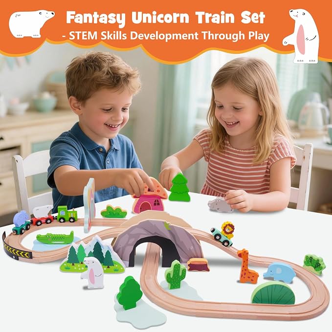 SIMPLIPLAY 45PCS Jungle Wooden Train Set with Safari Figures, Crash Barrier | Montessori Train Tracks for Toddlers 3-5 with Bridge & Wooden Safari Animal Toys, Gifts for 3 4 5 Years Old Girls & Boys