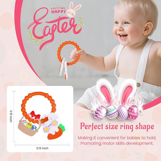 Silicone Baby Ring Toy with Two Teethers,Must Haves Teething Relief Chew Toys for 0-6,6-12 Months Boys and Girls,Newborns Essentials,Safe and Soft,BPA Free. (Easter)