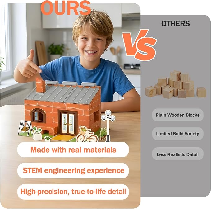 House Building Set for Kids 4+, Mini Brick Construction Kit with Mortar, STEM Architecture Blocks, Reusable DIY Projects, Creative Birthday Gift