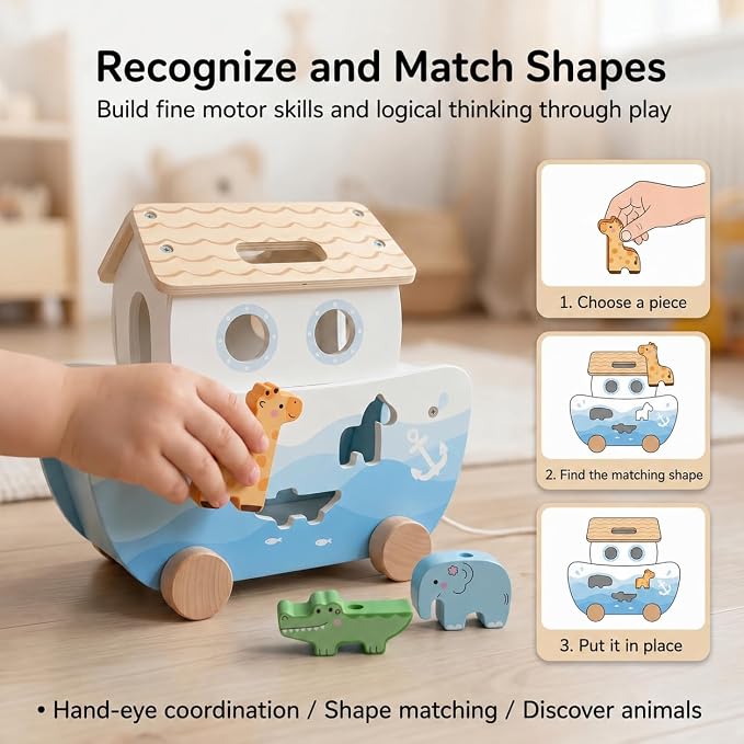 Wooden Noah’s Ark Toy for Toddlers 1-3, Montessori Animal Shape Sorter with 8 Pairs of Animals, Noah Figures, Rainbow, Ladder and Lacing Rope, Baptism Birthday Christian Gift for Boys Girls