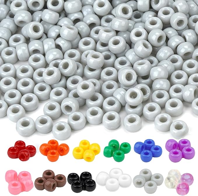 Dowsabel Grey Pony Beads Bulk 1000 Pcs 6x9mm, Large Hole Kandi Hair Beads for Braids Bracelets, DIY Friendship Bracelets Necklaces Jewelry Making Crafts and Gifts