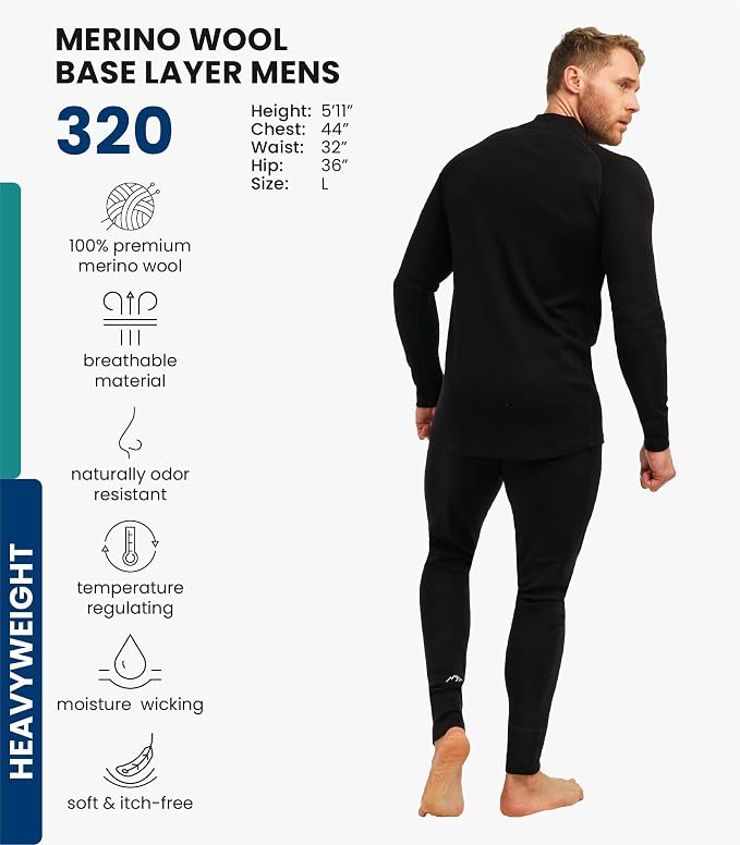 Merino.tech Merino Wool Base Layer Mens Set - Heavyweight, Midweight, Lite Merino Wool Thermal Underwear For Men Top, Bottom