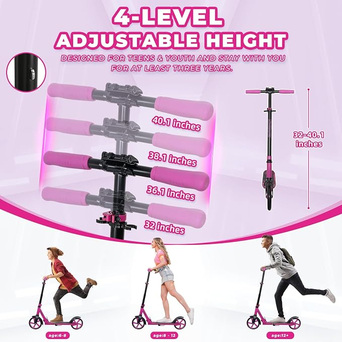 Nattork Scooter for Kids 6+, Teens and Adults- Adjustable Height Folding Kick Scooter with Large Sturdy Wheels for a Smooth Ride, Lightweight, Anti-Shock Suspension for Boys and Girls