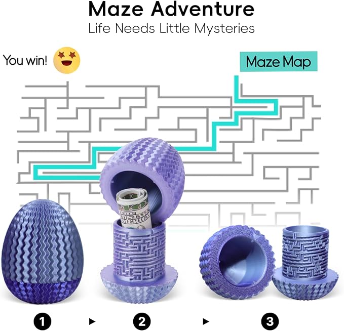 Money Puzzle Box for Cash Gift Card Holder - Reusable Secret Safe with 4 Unique Maze Egg Designs, 3D Printed Brain Teaser Game for Teens Adults, Easter Birthday Christmas Stocking Stuffer