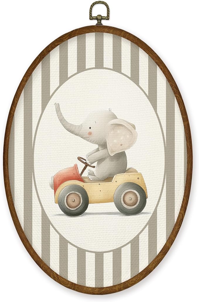 WULQYING Vintage Elephant Nursery Wall Art Decor, Kids Oval Framed Canvas Art Prints, Neutral Striped Elephant Driving Car Wall Hanging Decor for Kids Boy Nursery Room Playroom, 8.5x11.4 Inches