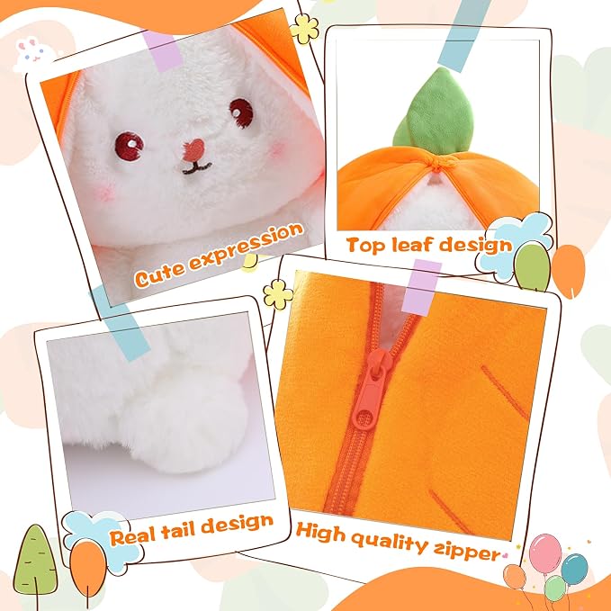 MIAODAM Cuddly Bunny Stuffed Animal, Kawaii Squishy Cute Easter Bunny Plush Turn Into Rabbit Fruit Doll Carrot Strawberry, Plushies Funny Bunny Toy for Kid (Carrot Rabbit, 10inch)
