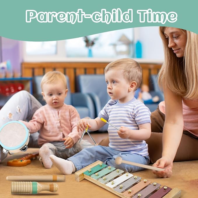 Raimy Kids Musical Instruments Set, Neutral Colors Wooden Montessori Toys | Percussion Instruments Set with Modern Boho Xylophone | Birthday Gifts for Baby Toddlers Boys Girls with Storage Bag