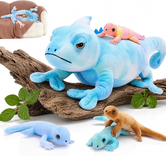 MorisMos 27" Giant Chameleon Stuffed Animal with Baby Lizard Toys Inside, 5Pcs Mama & Baby Stuffed Lizard Plush Toys for Kids, Realistic Rainbow Chameleon Plush Toy, Jungle Birthday Gift & Room Decor