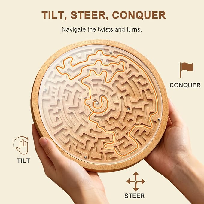 Round Wooden Labyrinth Board Game, Bamboo Handheld Maze with Acrylic Cover & 2 Metal Game Pieces, Educational Brain Teaser Puzzle Logic Game for Kids, Adults, Boys and Girls, Stress Relief Toy