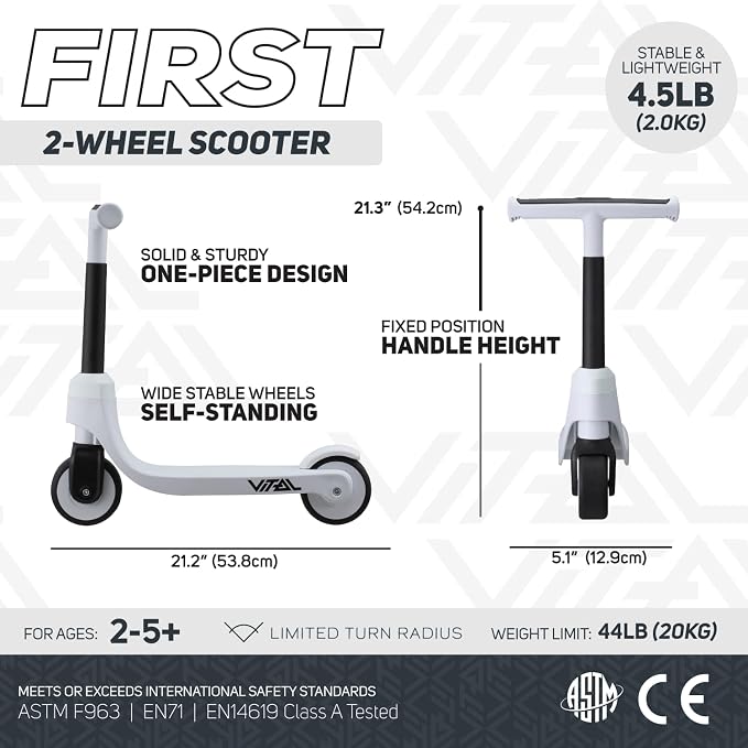 Vital First 2 Wheel Toddler Scooter | Beginner Balance Training Kids Toys for Ages 2-5 | Durable Lightweight Design & Fixed Height Kids Scooter | Wide Wheels and Foot Brake