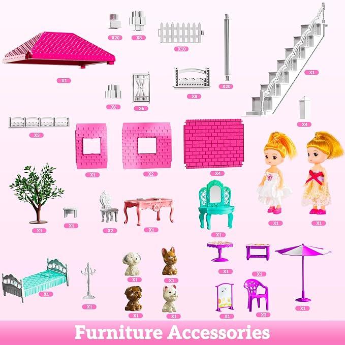 JUKUDAHU Villa Playset for Girls Ages 3-7, Indoor Playset Girls Toys with 2 Storeys 3 Rooms 2 Dolls for Ages 6-8, Furniture and Accessories, Pretend Toddler Toy, Birthday Gifts for Kids 3 4 5 6 7 8