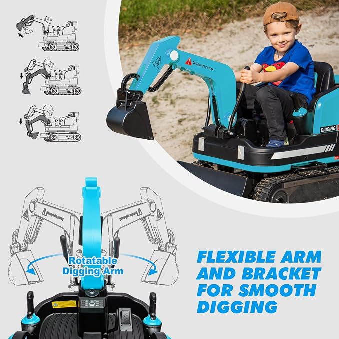 JOYLDIAS 360 Degree Rotating Ride On Excavator and Bulldozer,12V12AH Battery Powered Ride On Toy Backhoe W/Track Design Wheels for All Terrain,Remote Control,MP3,Toolbox for Kids,Parent,Blue