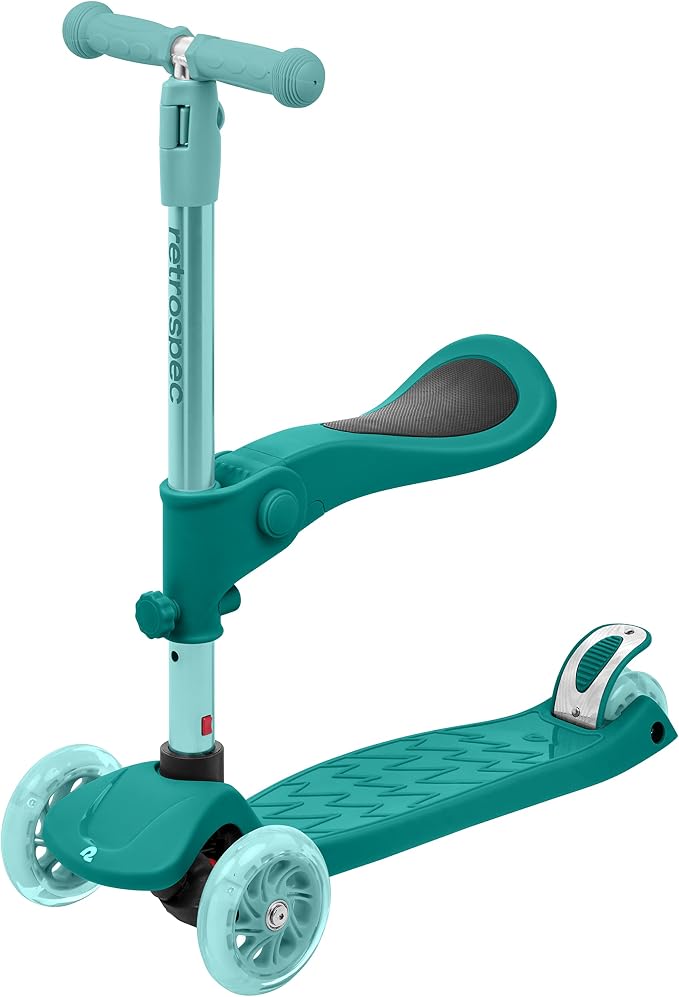 Retrospec Chipmunk Plus Kids’ Kick Scooter 3+ Years - Height Adjustable 3 Wheel Scooters - Learn to Steer, Foldable Seat, LED Lights, & No-Slip Deck