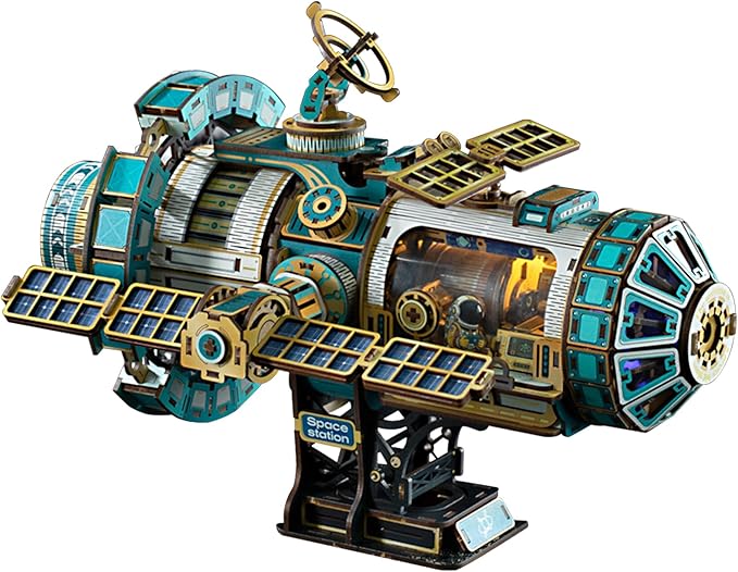 3D Wooden Puzzles for Adults - Space Station Mechanical Model Kit with Lights & Music, 511PCS Adult Wooden Puzzles, DIY Building Toy for Teen & Adults, Miniature House Kit for Birthday Father's Day