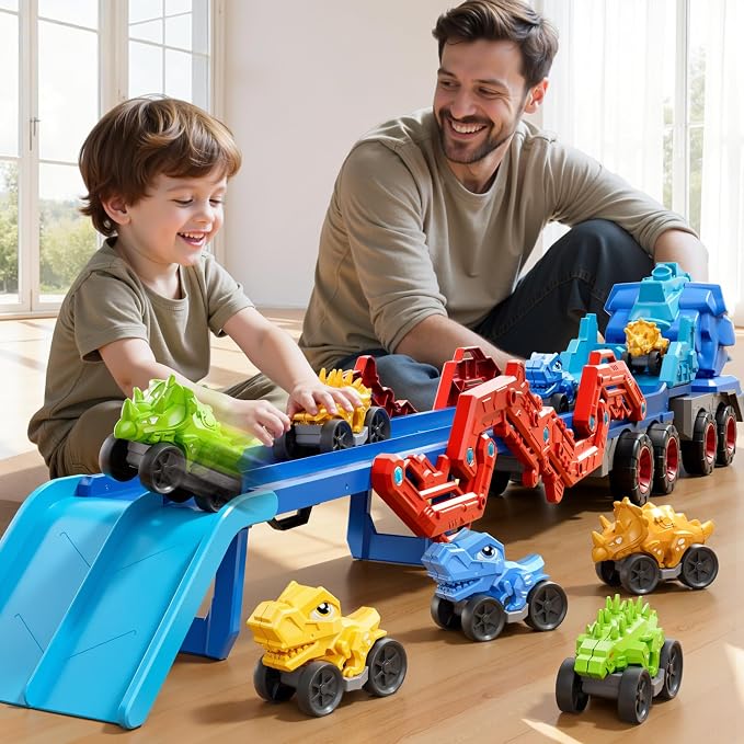 PEADUCK Toddler Car Truck Toys for Kids Ages 3-5, 10-in-1 Dinosaur Carrier Truck with Foldable Track Toys with Spray, Light & Sounds and 9 Dino Cars, Birthday Gift for 3 4 5 6 7 8 Years Old Boys Girls