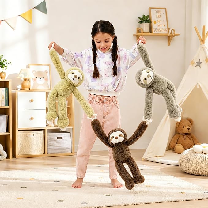 MorisMos 3Pcs Hanging Sloth Stuffed Animal, 16" Three Toed Sloth Plush Toy with Long Hands – Wearable & Huggable, Soft Cuddly Sloth Plushies for Home Decor, Christmas Birthday Gift for Kids Adults