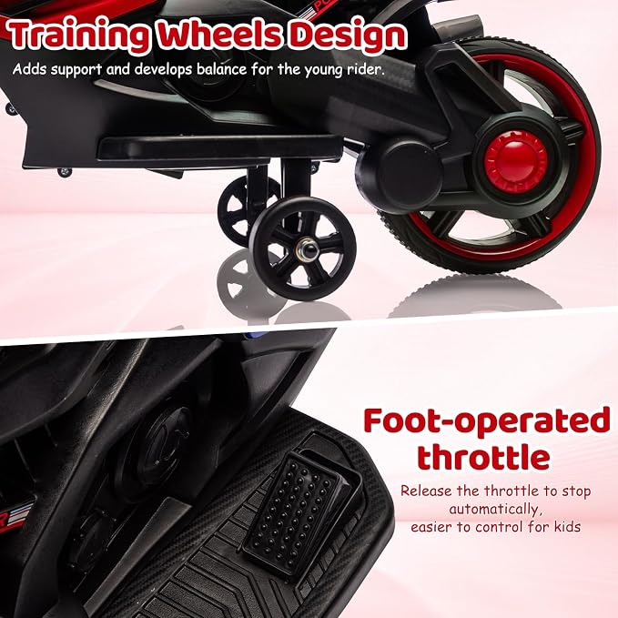 GarveeLife 6V Kids Motorcycle, Electric Ride On Car Toy with Training Wheels, Working Headlight, Horn & Music, Battery Powered Ride On Motorcycle Toy for Toddler Kids Boys Girls Ages 3-5, Red