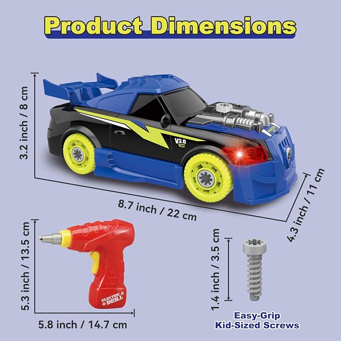 Pup Go Take Apart Toy Racing Car for Kids Age 3+ Year Old, 2 in 1 Build Your Own Car with Realistic Sounds & Lights, Construction Vehicle Toys with Electric Drill, Ideal Gitfs for Boys(4 Spare Screws)
