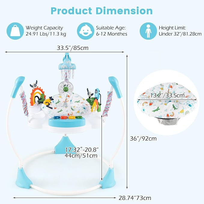 INFANS Baby Activity Center Jumper with Music, Light, Interactive Toys, 360°Rotating Seat, 3 Heights for 6+ Months (Blue)